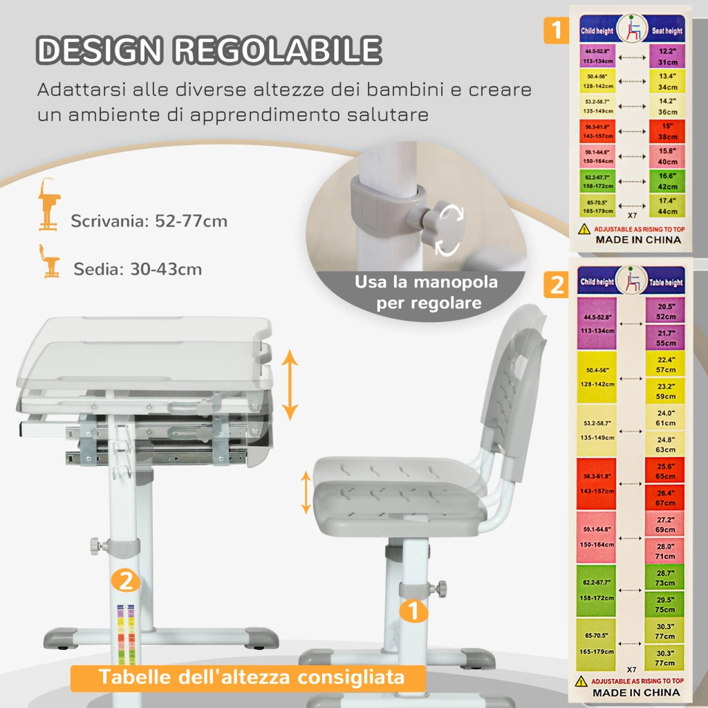 Banco Scuola per Bambini 6-12 Anni con Sedia e Altezza Regolabile, Piano Inclinabile, 66x47x52-77 cm, Grigio