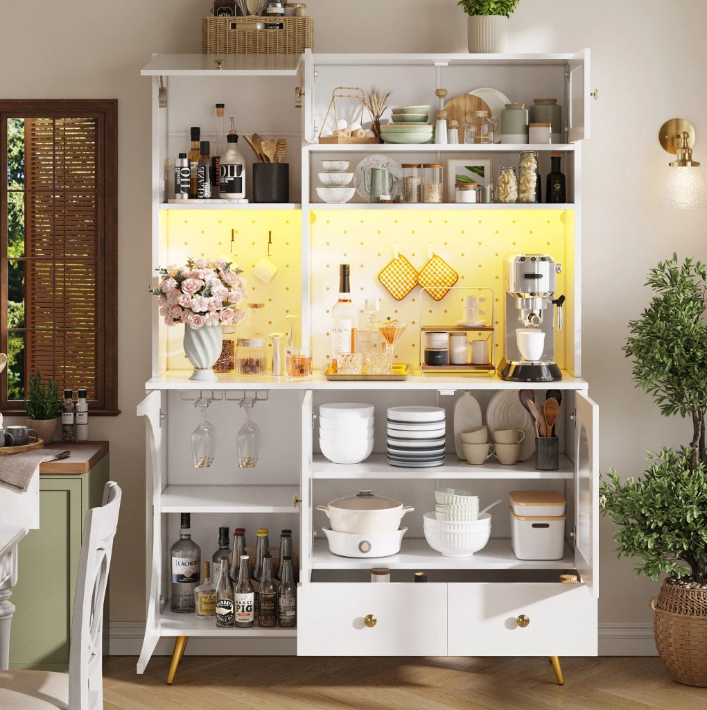 Credenza alta LED con prese USB e portabottiglie, bianca