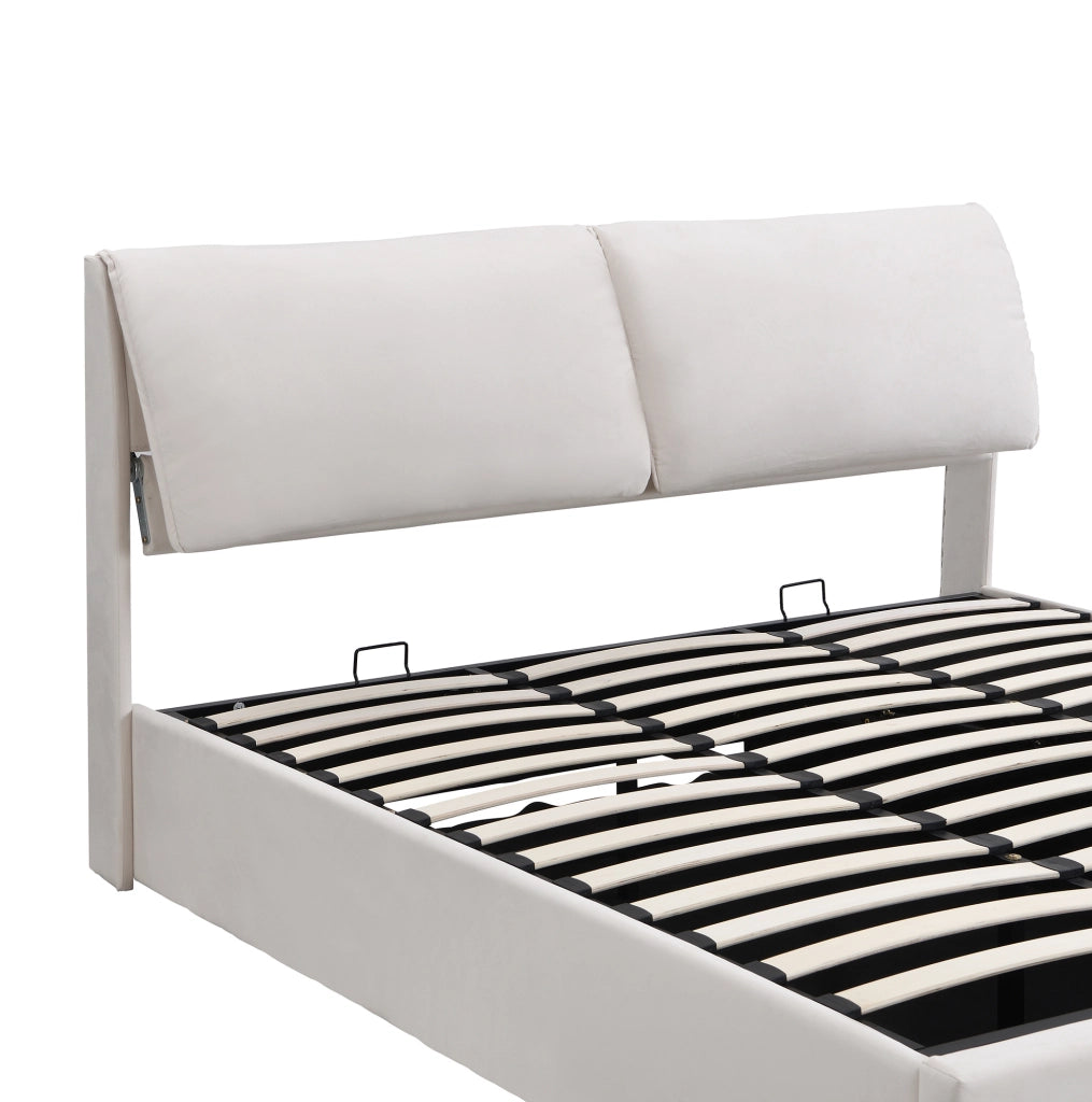 Letto imbottito 180x200 cm con contenitore idraulico, 3 cassetti e testiera in velluto beige, senza materasso