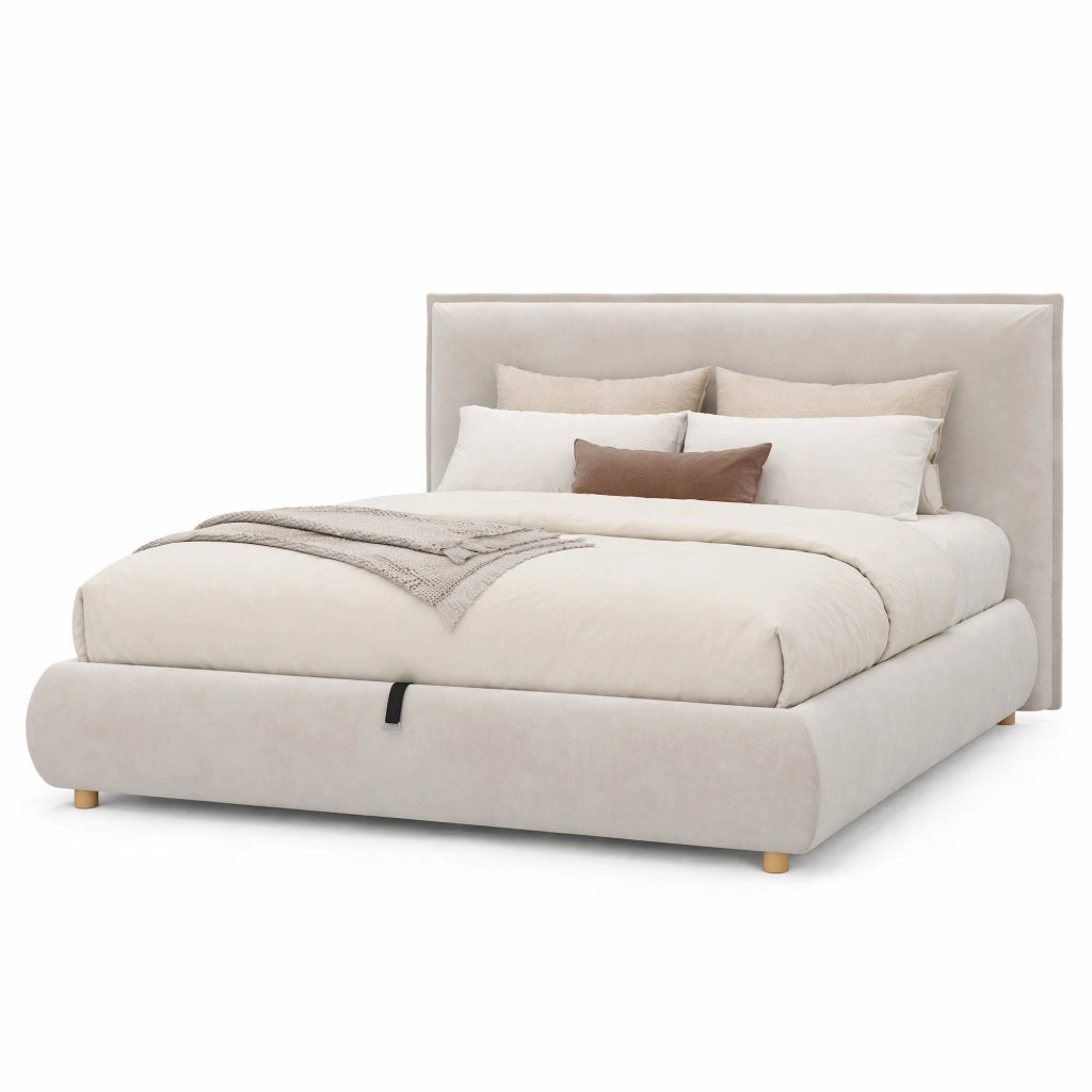 Letto matrimoniale contenitore 180 × 200 cm in velluto color crema con testiera rete a doghe e gambe in legno