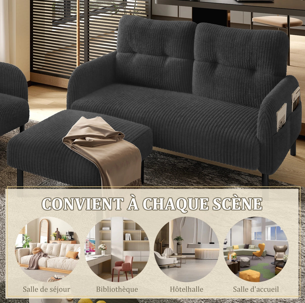 Set divano 2 posti; poltrona e pouf in velluto a coste; grigio