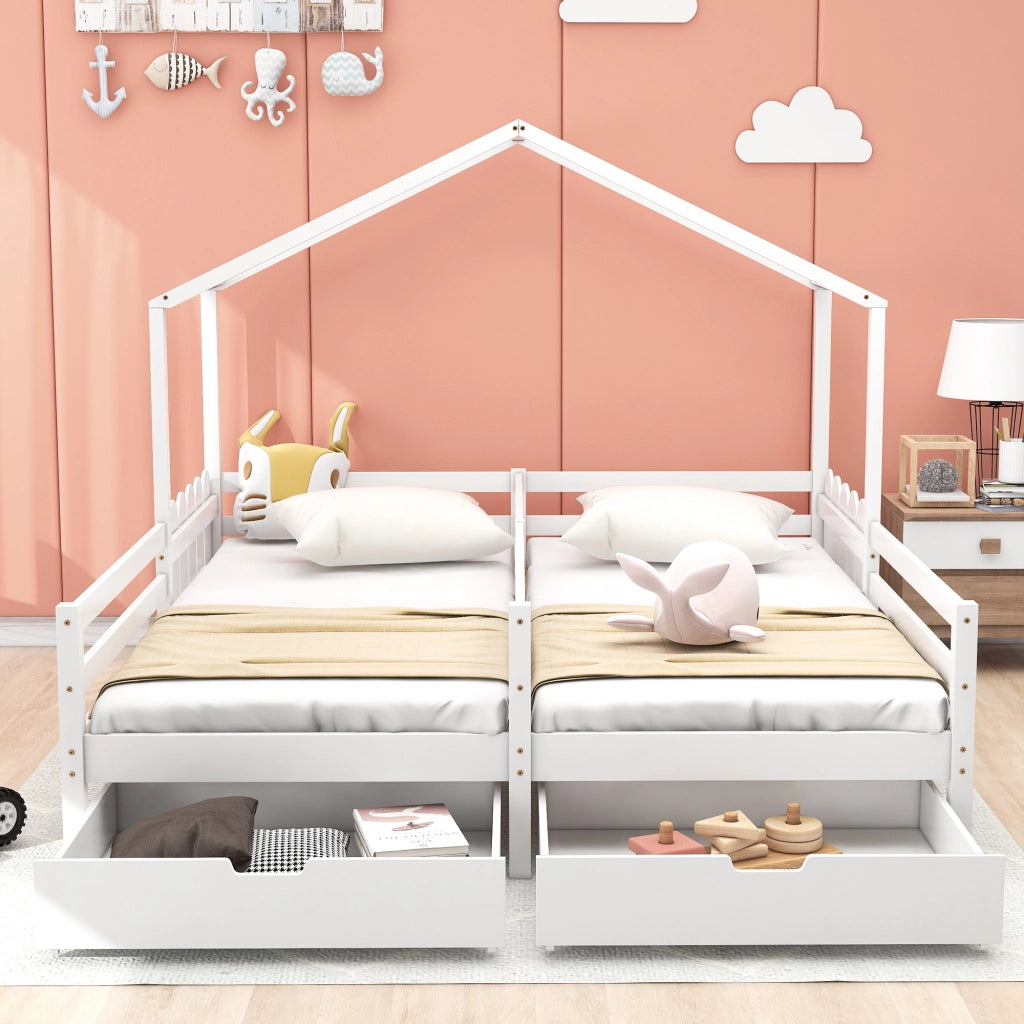 Letto casetta doppio 200×90 cm con 2 cassetti; sponda di sicurezza; senza materasso; bianco
