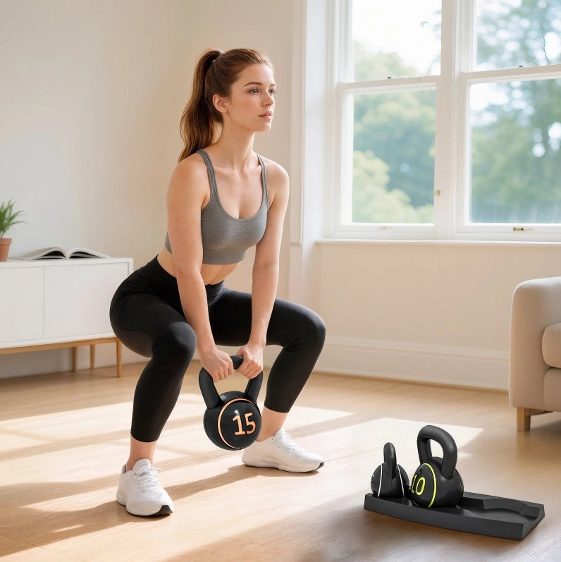 Set 3 kettlebell ULEVR da 2,2 kg, 4,5 kg e 6,8 kg con rivestimento in plastica nero e base piatta