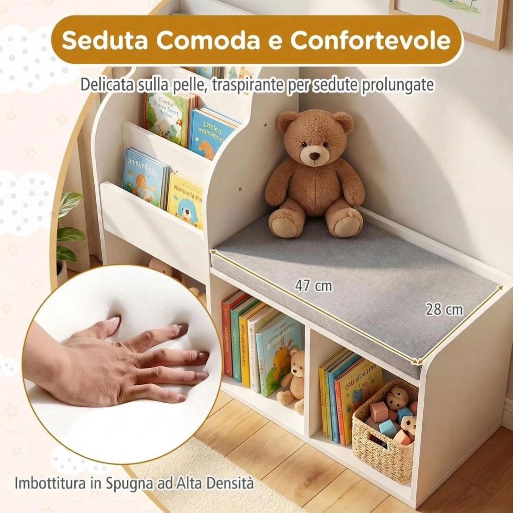 Libreria Montessori per Bambini con Panca Imbottita
Angolo Lettura con Scaffale a 3 Ripiani, 3 Scomparti Portaoggetti e Spazio Nascosto, Salvaspazio, 80 x 29,5 x 81,5 cm