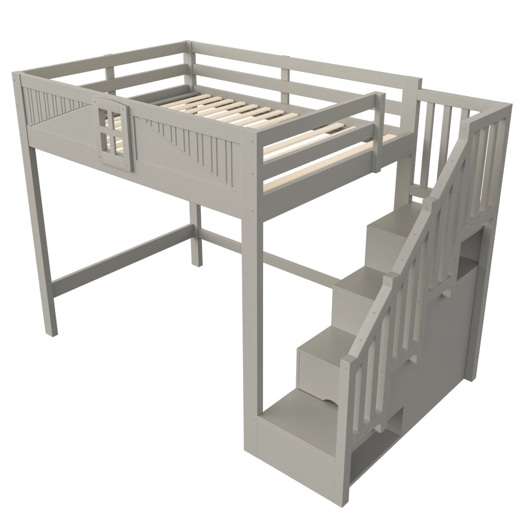 Letto a soppalco 140 x 200 cm - letto multifunzione con scaletta contenitore reversibile, contenitori e sponde con finestra - legno/MDF - grigio