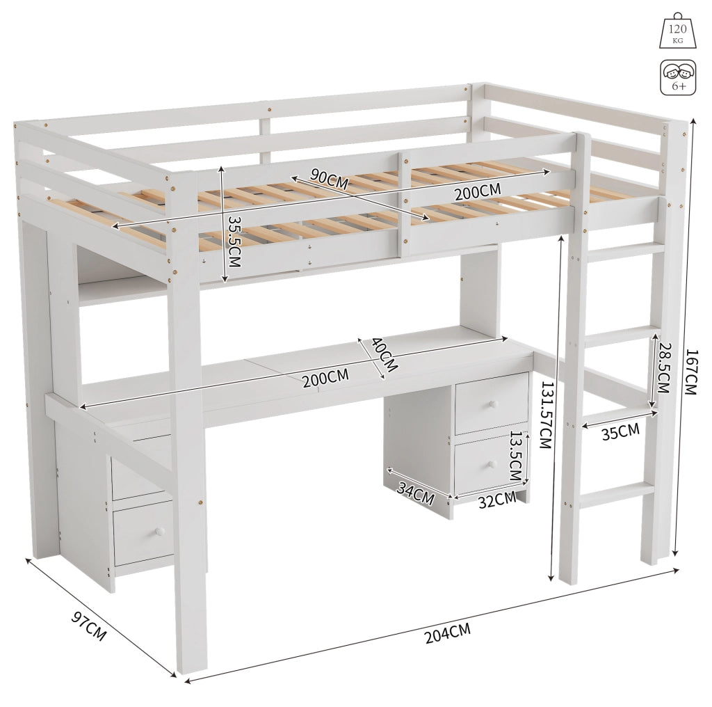 Letto a soppalco per bambini 90x200 cm in legno di pino bianco con scrivania e ampio spazio di stoccaggio