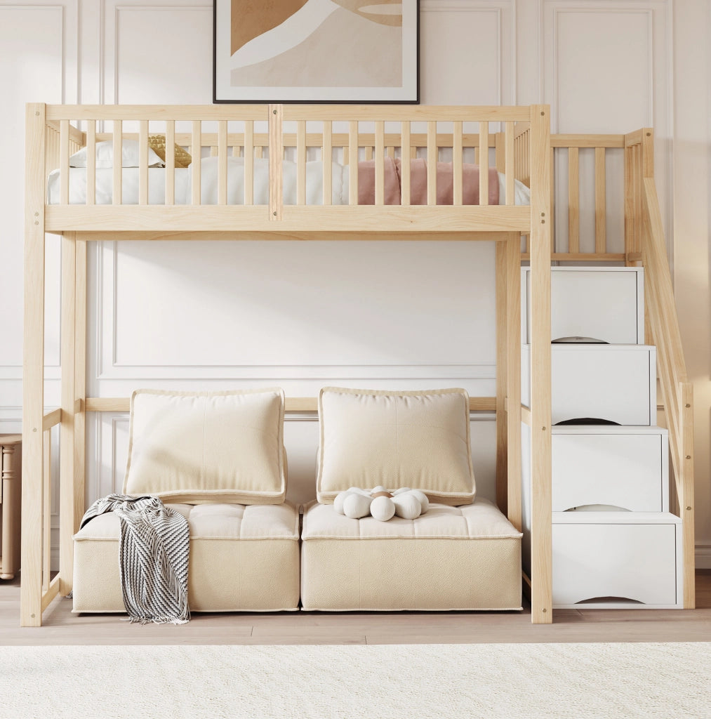 Letto a soppalco 140x200 cm con scala contenitore e sponda di sicurezza; legno naturale