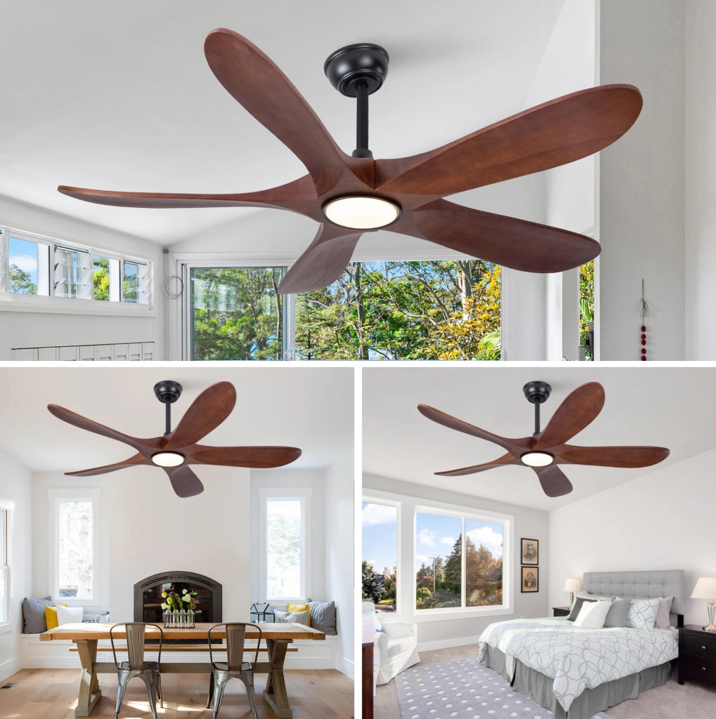 Ventilatore a soffitto 52'' con luce, telecomando, 5 pale in legno massello, 6 velocità, dimmerabile, silenzioso