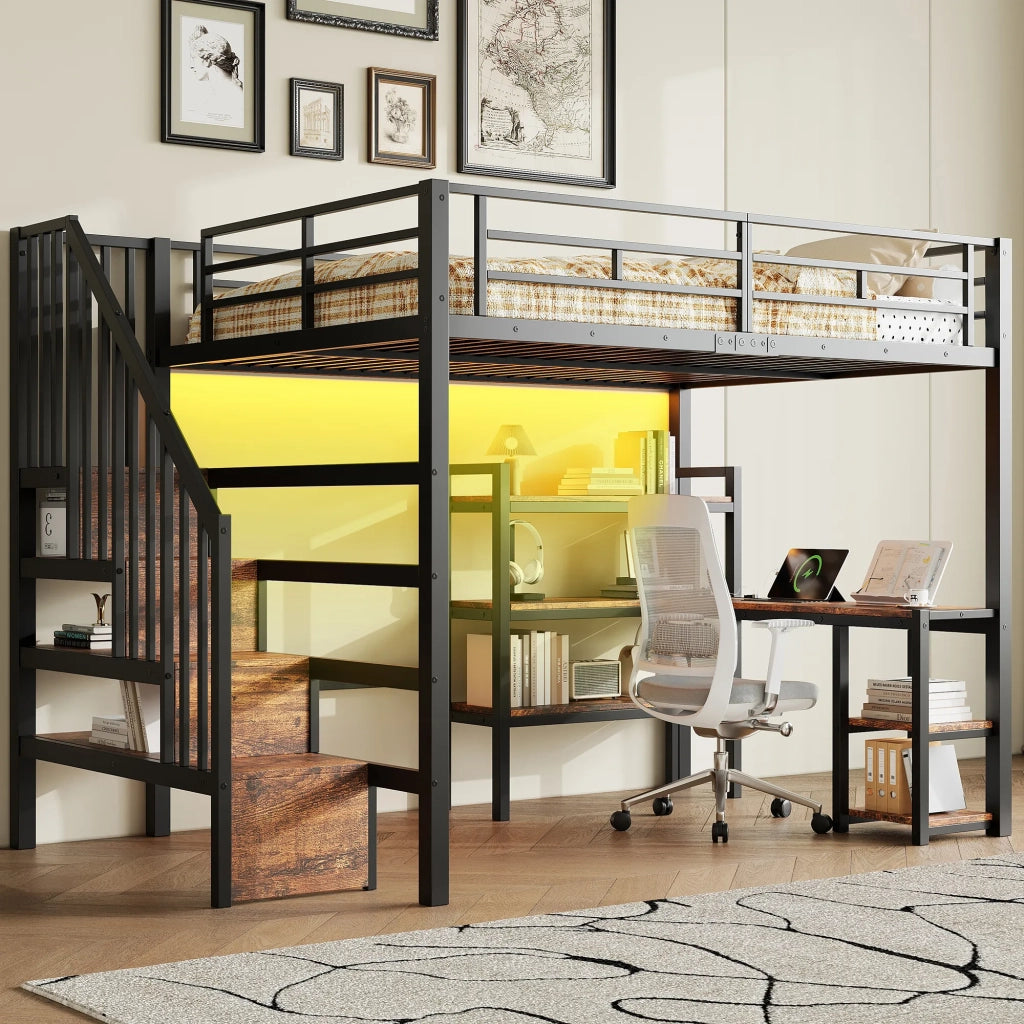 Letto a soppalco in metallo 140x200 cm con scala, scrivania integrata, vani portaoggetti, porta USB e luce LED, nero