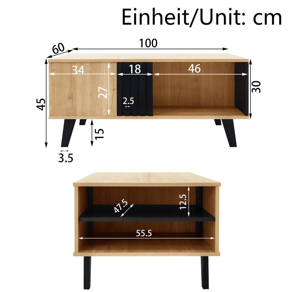 Tavolino da caffè 100 x 60 x 45 cm in vetro e pannello truciolare; naturale e nero