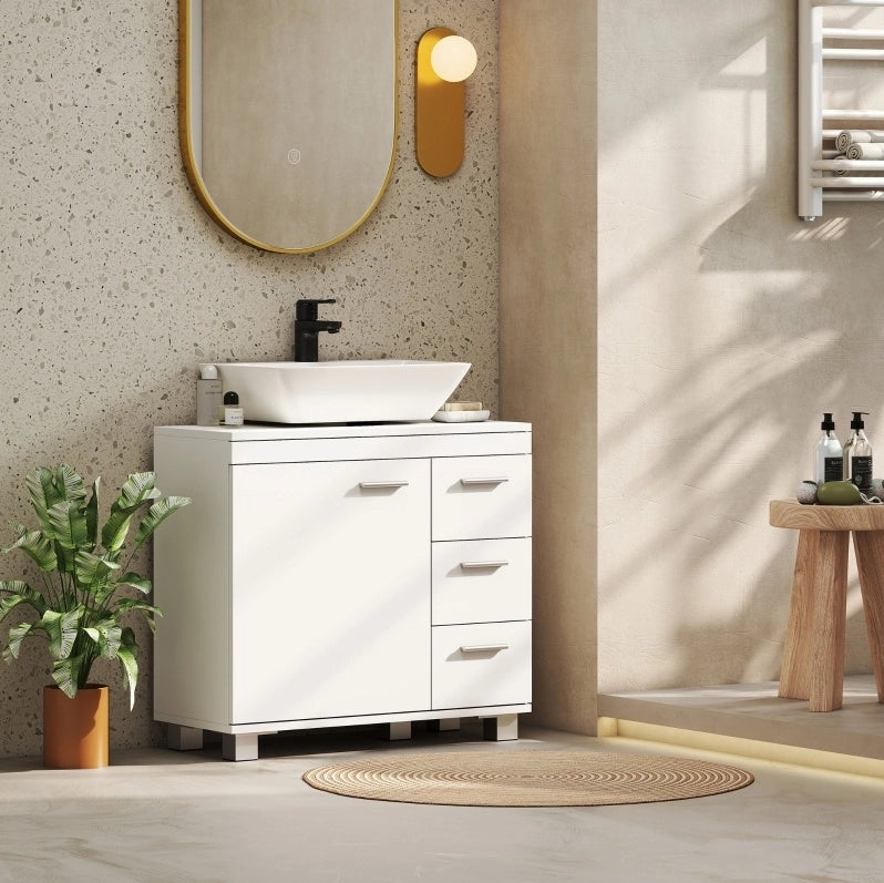 Mobile bagno bianco in MDF con ripiani, 3 cassetti e taglio a U per lavabo a colonna