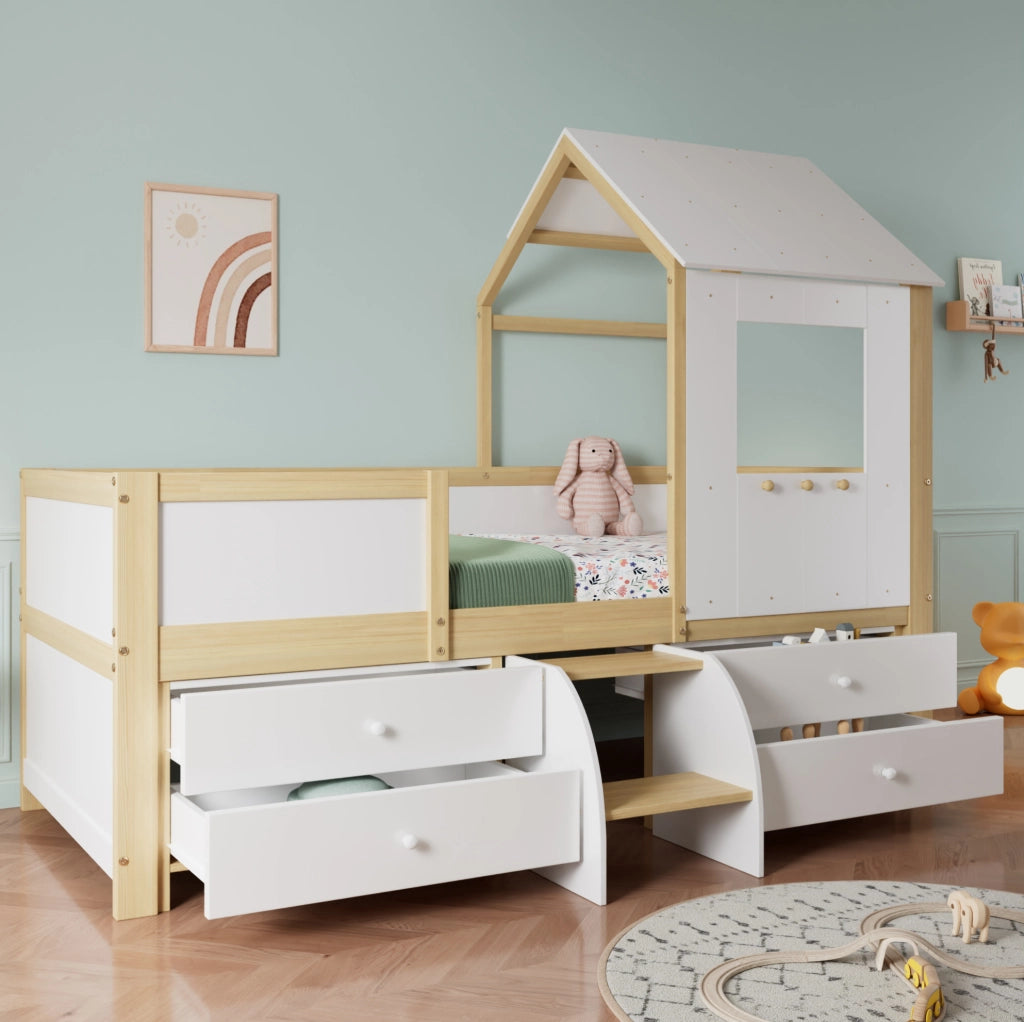 Letto a casetta semi-alto con cassetti