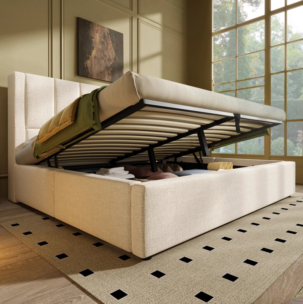 Letto matrimoniale 180x200 cm in lino beige con contenitore; testiera con portabicchieri e stazione di ricarica