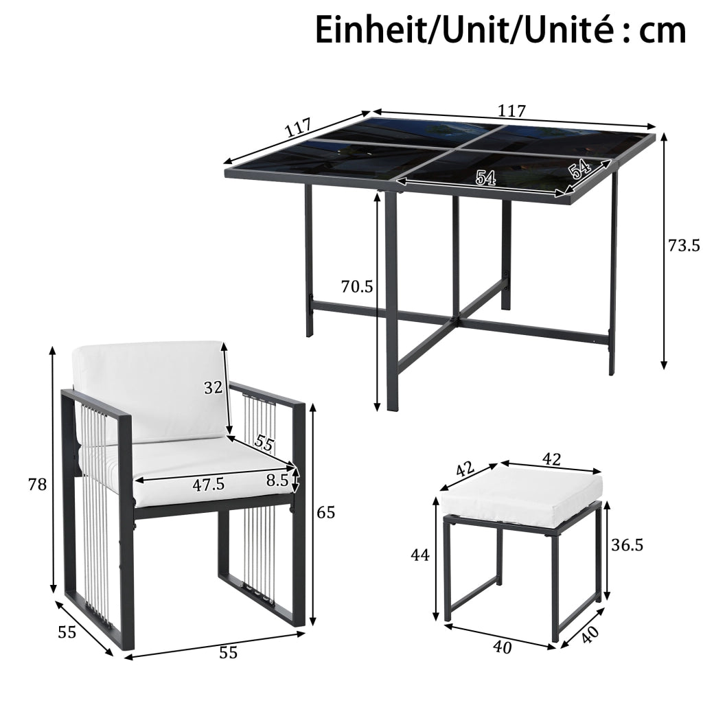 Set da pranzo da esterno 7 pezzi con tavolo quadrato in vetro temperato e 4 poltrone con 2 poggiapiedi nero e bianco