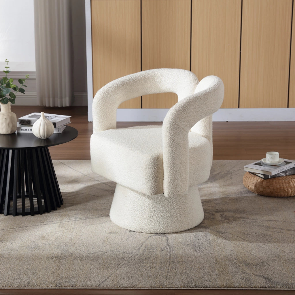 Poltrona girevole 360¡ã in tessuto boucl¨¦ beige con base in metallo