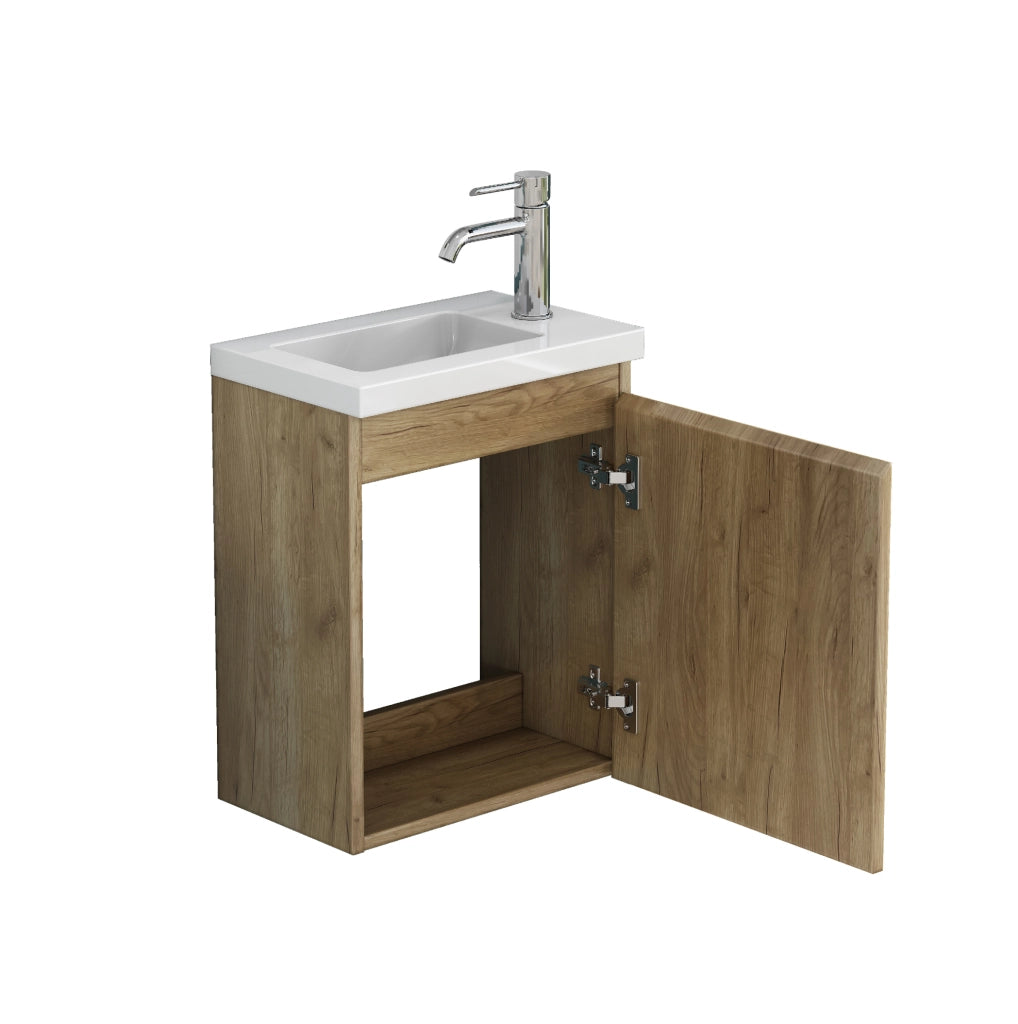 Mobile bagno sospeso 40 cm effetto legno con lavabo in ceramica e specchio, design senza maniglie, cerniere ammortizzate, preassemblato