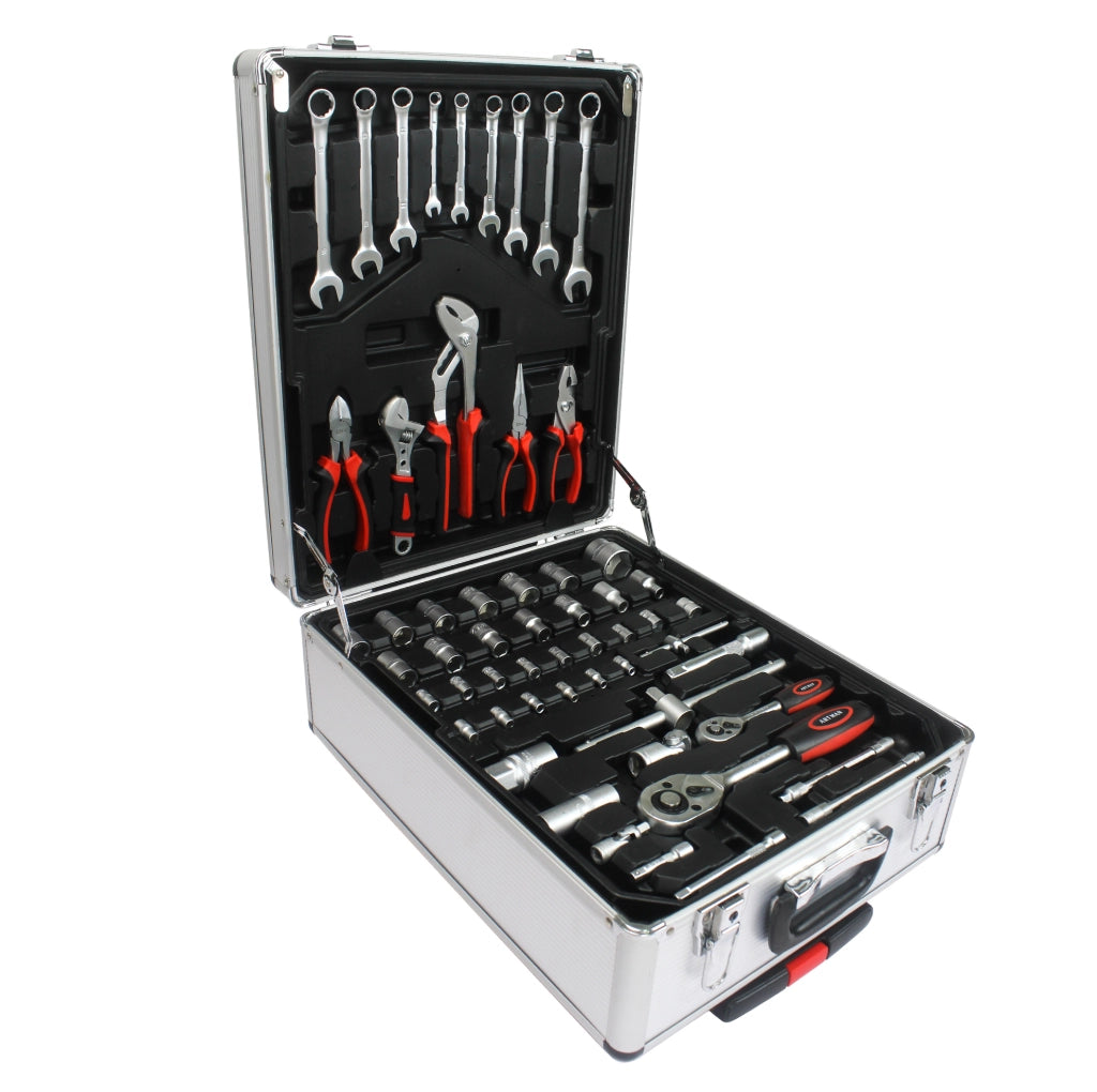 Set di utensili 899 pezzi con cassetta degli attrezzi in alluminio e plastica, 4 cassetti, mobiletto con ruote, colore argento, 36,5x20x51 cm