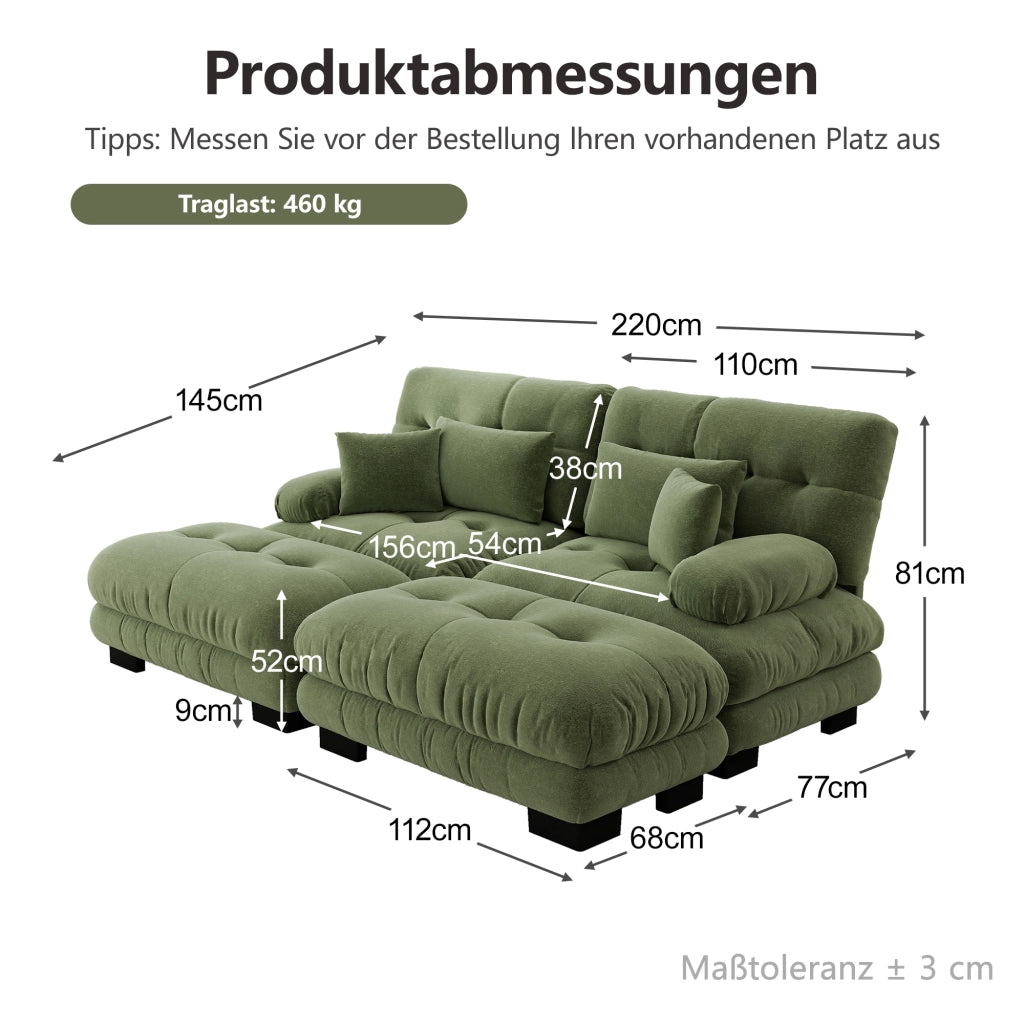 Divano modulare a 2 posti in chenille verde con braccioli arrotondati e pouf mobili
