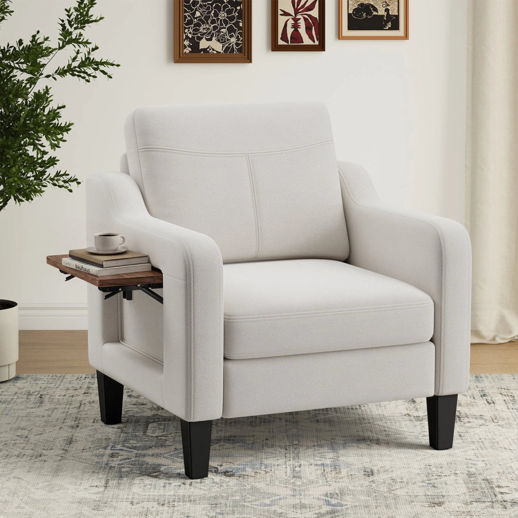 Poltrona moderna in tessuto di lino con tavolino pieghevole e vano portaoggetti laterale, seduta ergonomica con memory foam, versatile stile Mid-Century, facile da spostare