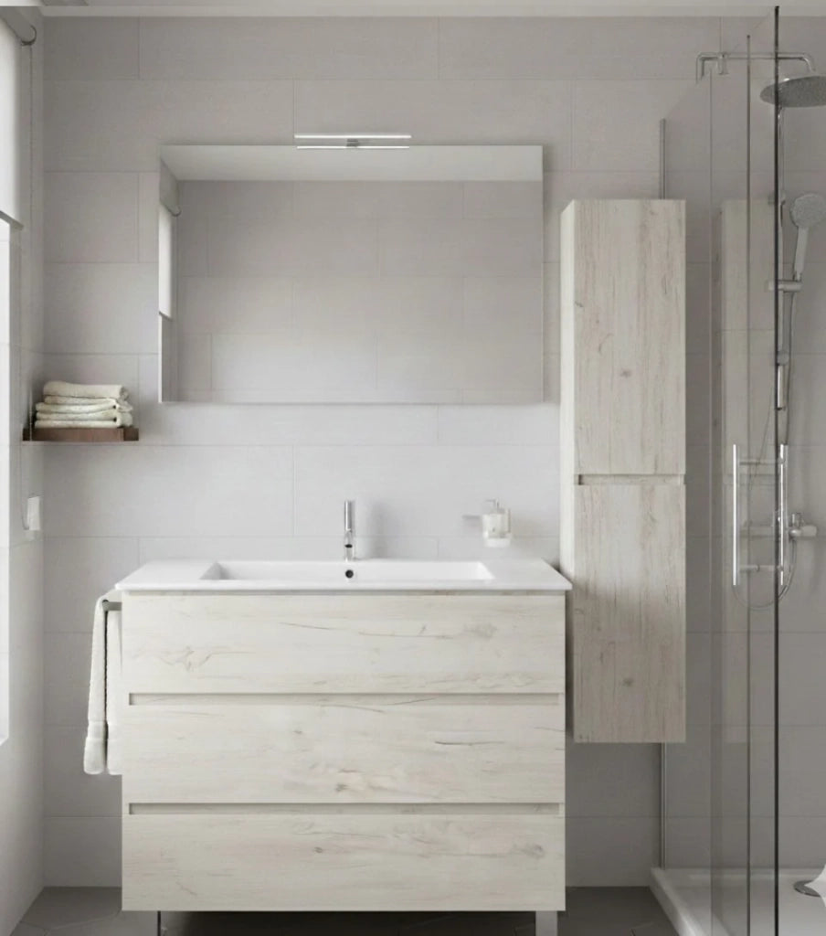 Mobile Bagno BALDER Già Montato 3 cassetti con piedini, lavabo e specchio Bianco nordico 80x45 cm con colonna