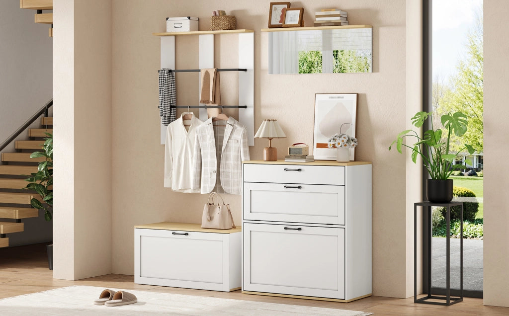 Set guardaroba modulare con specchio e panca porta scarpe bianco e legno 156x36x176 cm