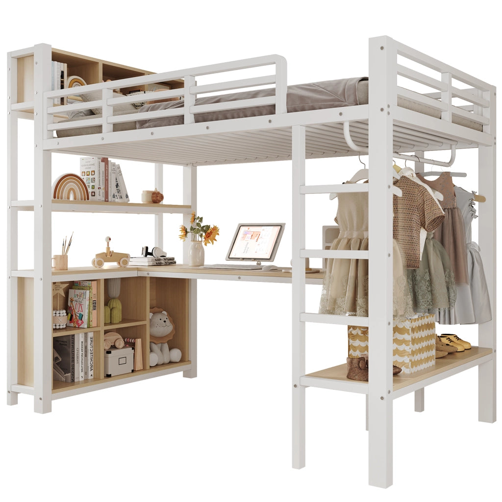Letto a soppalco 90x200 cm per bambini con scrivania; appendiabiti e ripiani; metallo e MDF bianco