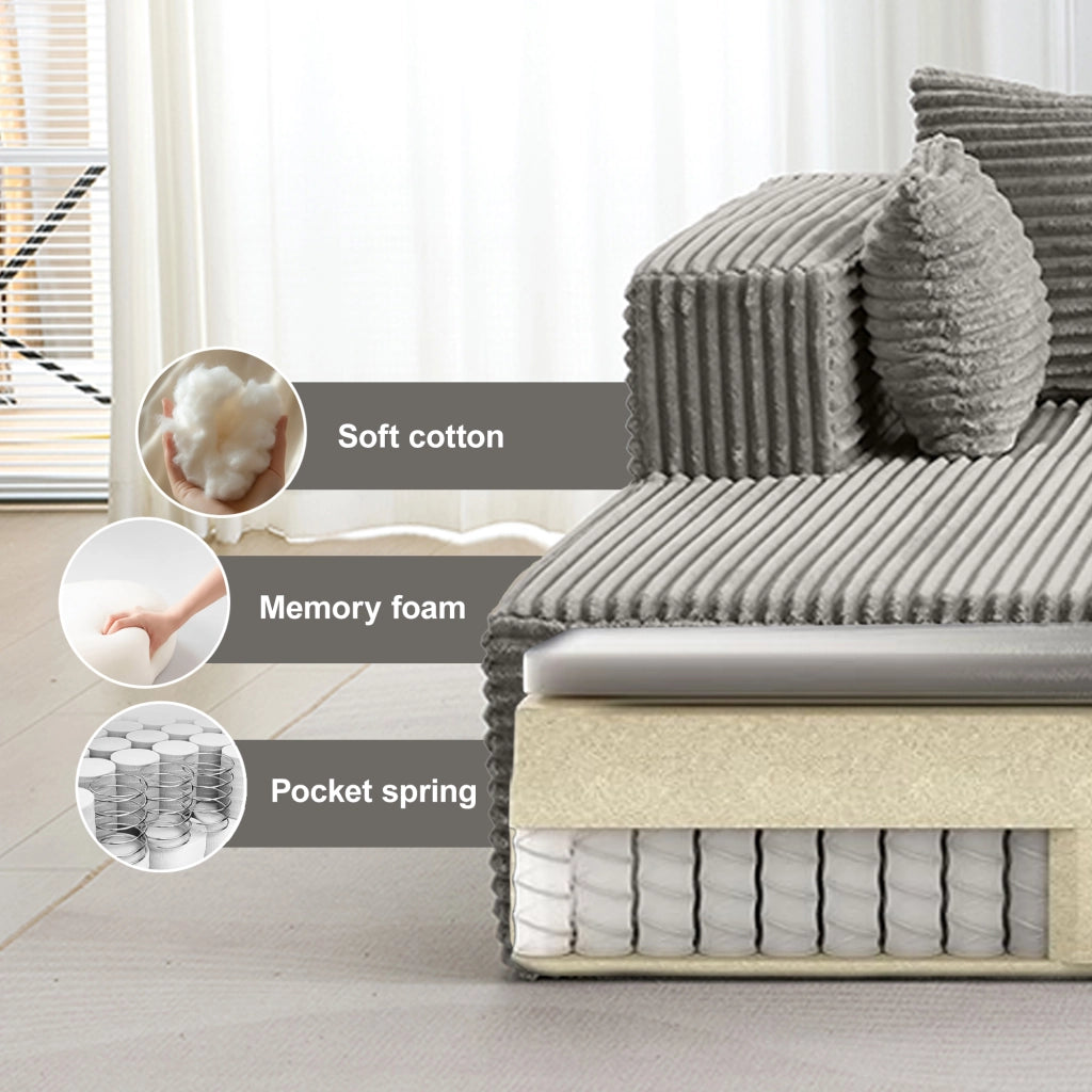 Divano angolare modulare con chaise longue ¨C Xylo ¨C tessuto velluto grigio con seduta profonda