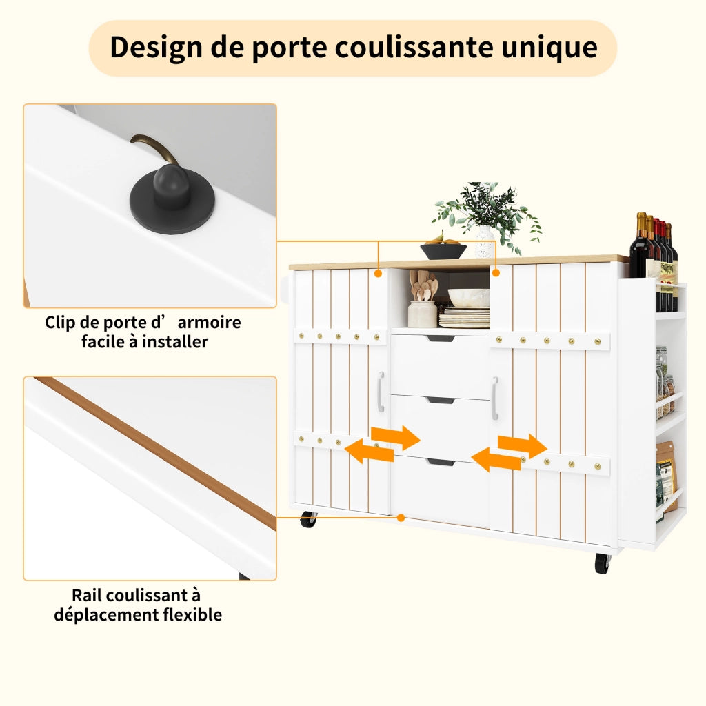 Carrello da cucina con piano ribaltabile 3 cassetti ante scorrevoli ripiano laterale MDF bianco 110 × 42 × 90 cm