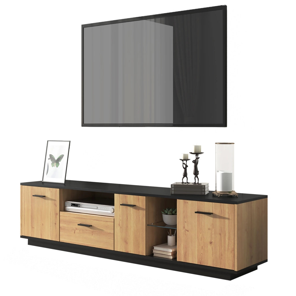 Mobile TV con 3 ante; 1 cassetto e LED a 16 colori; 180 x 37 x 45 cm; MDF nero e effetto legno