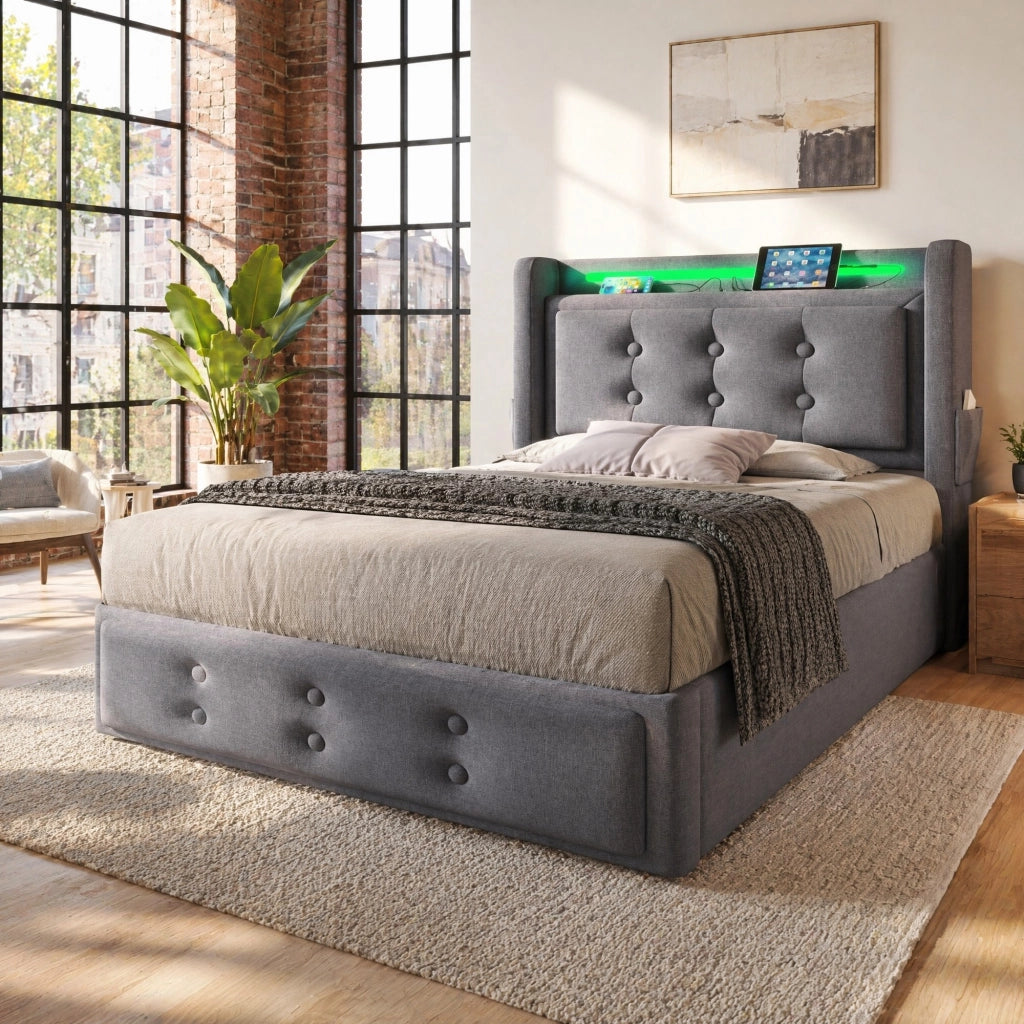 Letto contenitore 90 × 200 cm con LED; USB e USB-C; rete a doghe; grigio