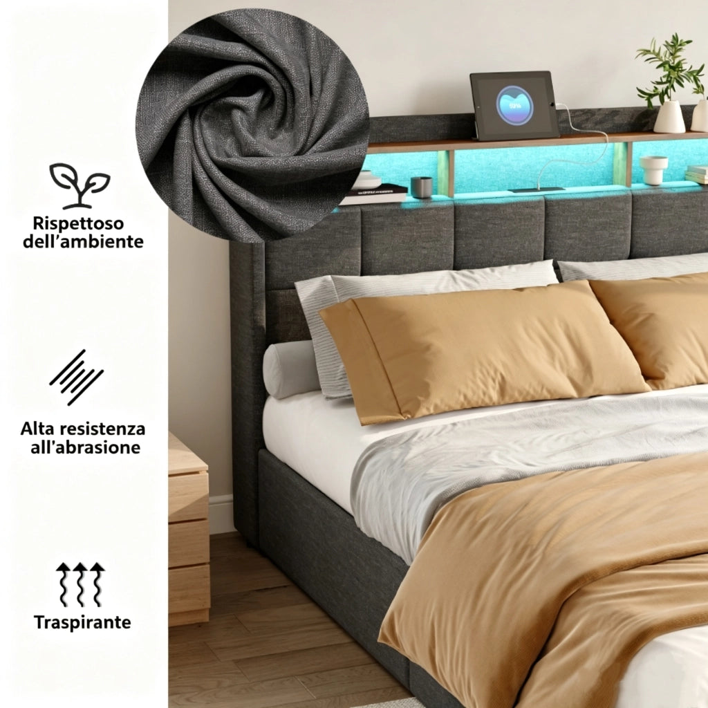 Letto matrimoniale imbottito 140x190 cm con 4 cassetti ; letto Contenitore con LED e USB; letto funzionale letto adulti ;Lino Grigio Scuro