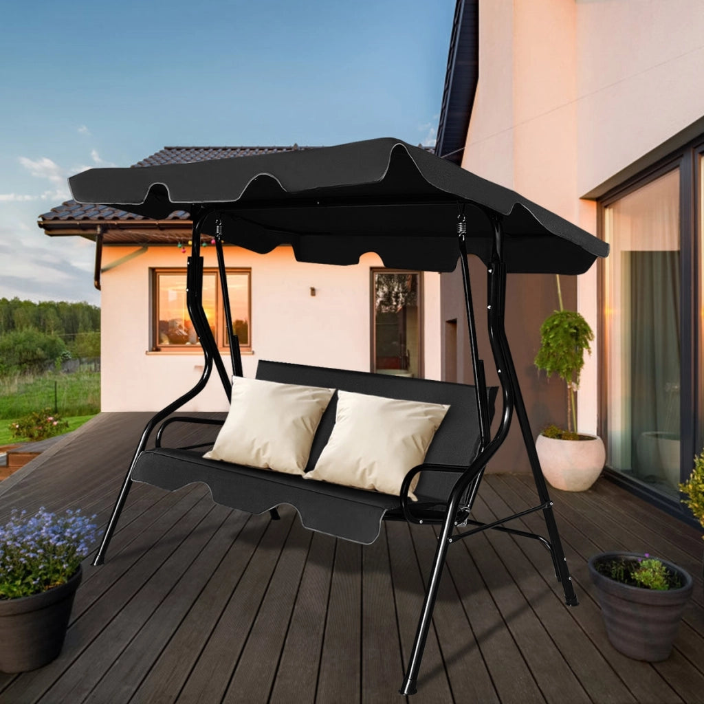 Dondolo a tre posti da giardino con oscurante e telaio in acciaio 172x154x110cm Nero-Dondoli