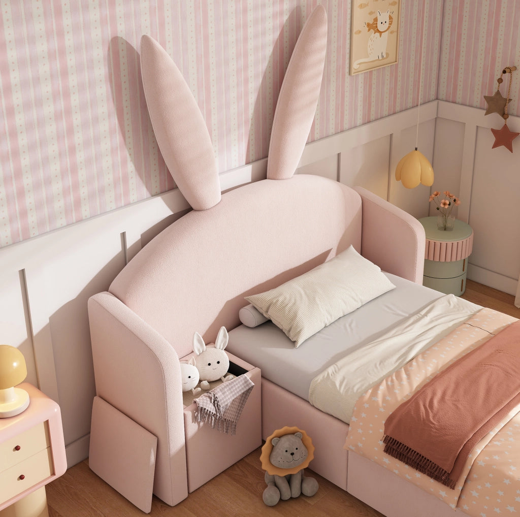 Letto imbottito per bambini 90x200 cm in velluto rosa con contenitore e comodino
