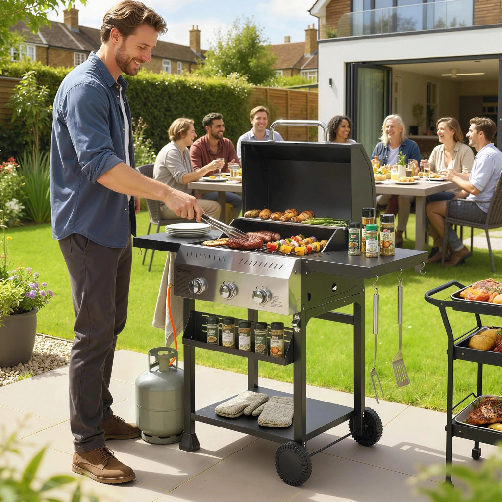 Barbecue a Gas 3 Fuochi 9 KW ¨C Xylo ¨C Acciaio Inox con Ripiano Laterale Pieghevole e Ganci
