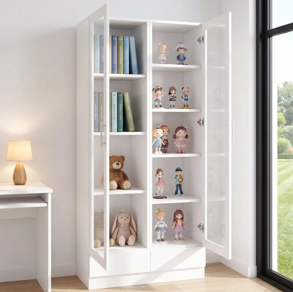 Armadio vetrina con 2 cassetti; MDF e vetro; bianco