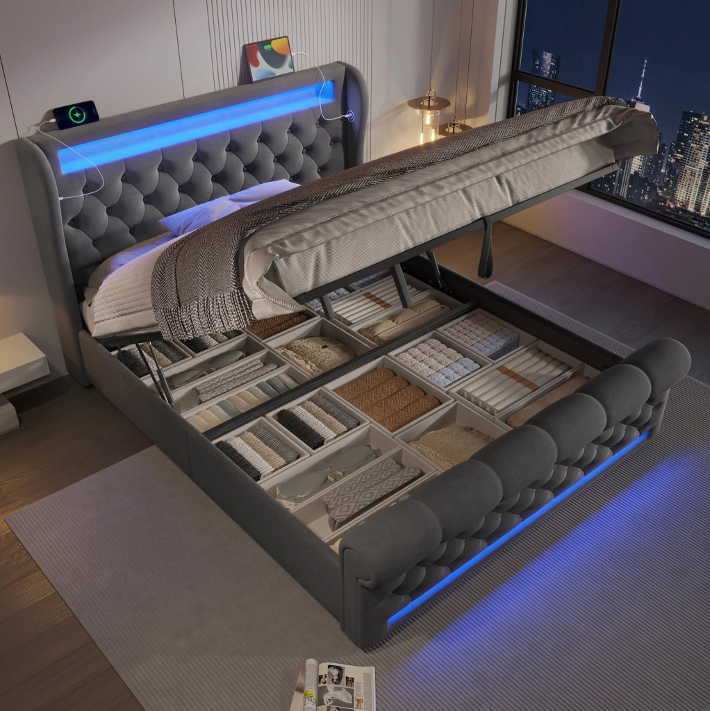 Letto Matrimoniale Imbottito 140x200 cm in Velluto Grigio con LED Integrate e Porta USB/Type-C, Contenitore Idraulico