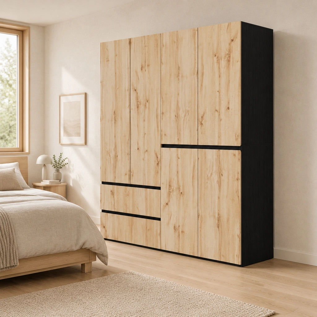 Armadio 6 ante con 5 cassetti e 2 barre appendiabiti mobile contenitore per camera da letto in MDF e pannello truciolare rovere