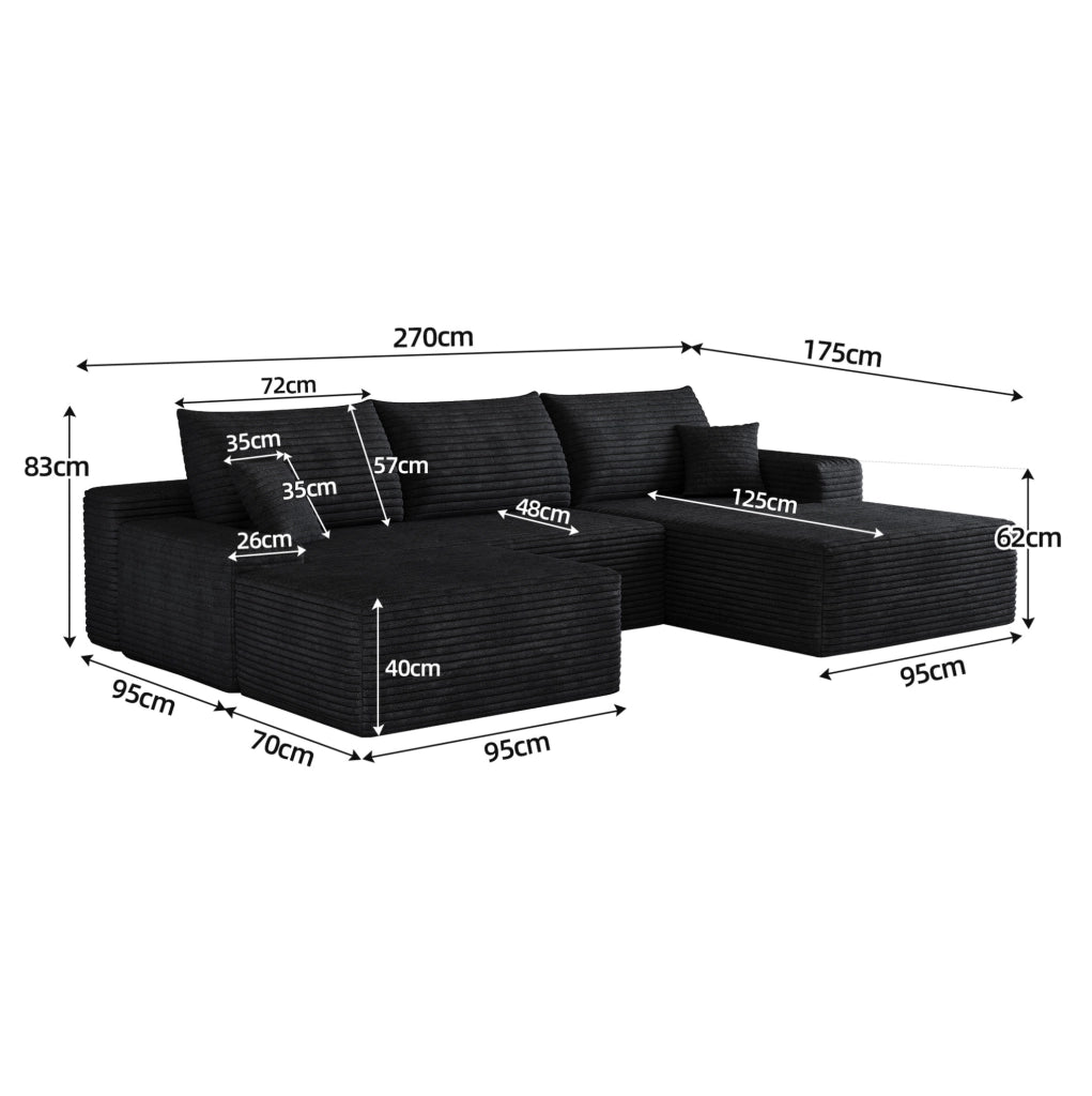 Divano modulare angolare da 270 cm con chaise longue a L in velluto a coste nero, senza montaggio