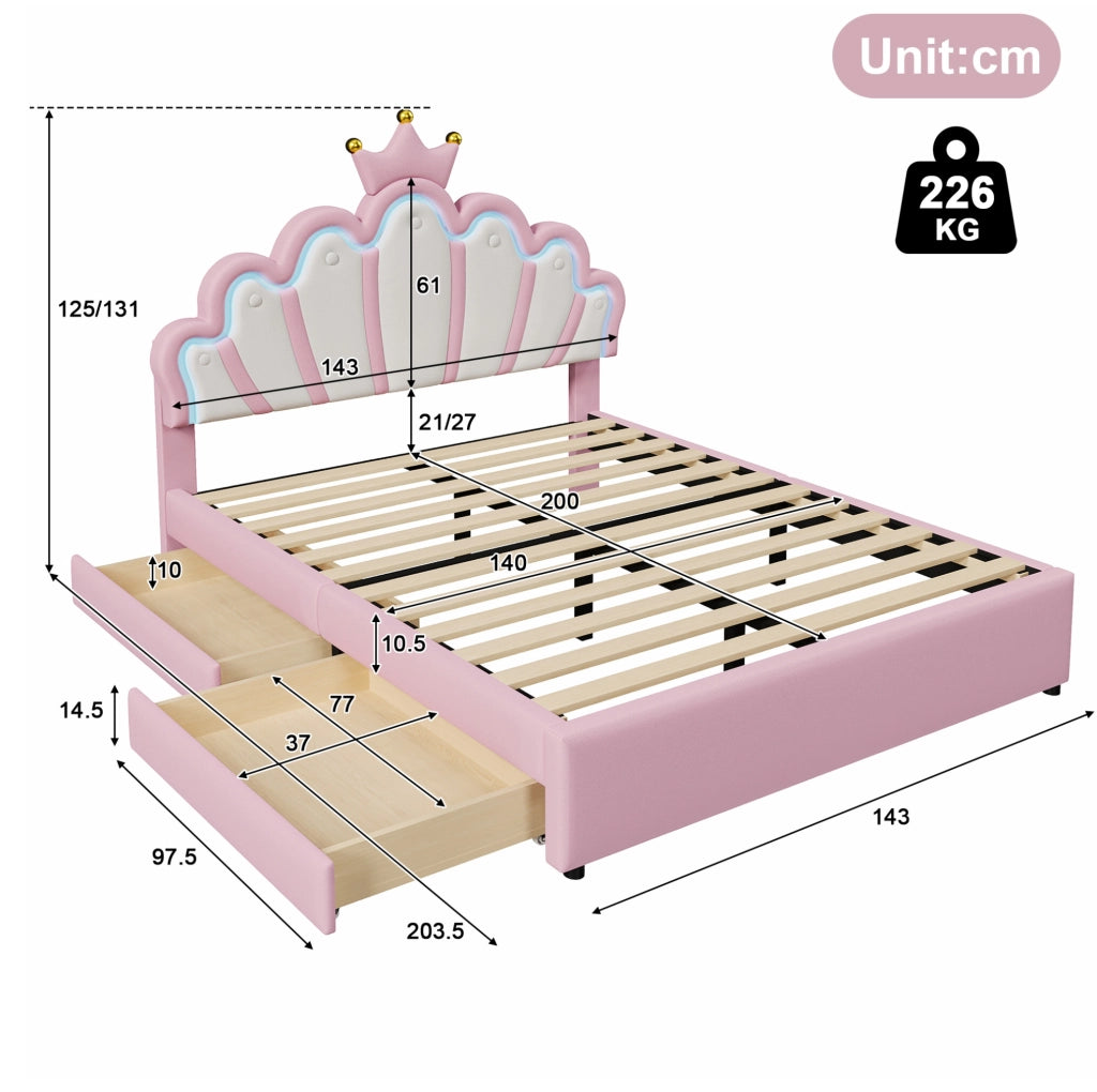 Letto imbottito a corona 140 x 200 cm con 2 cassetti; testiera regolabile; PU rosa