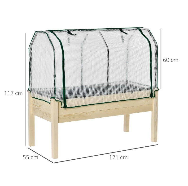 Orto rialzato con copertura avvolgibile, struttura in legno naturale, fodera in tessuto e fori di drenaggio, 121 x 55 x 117 cm