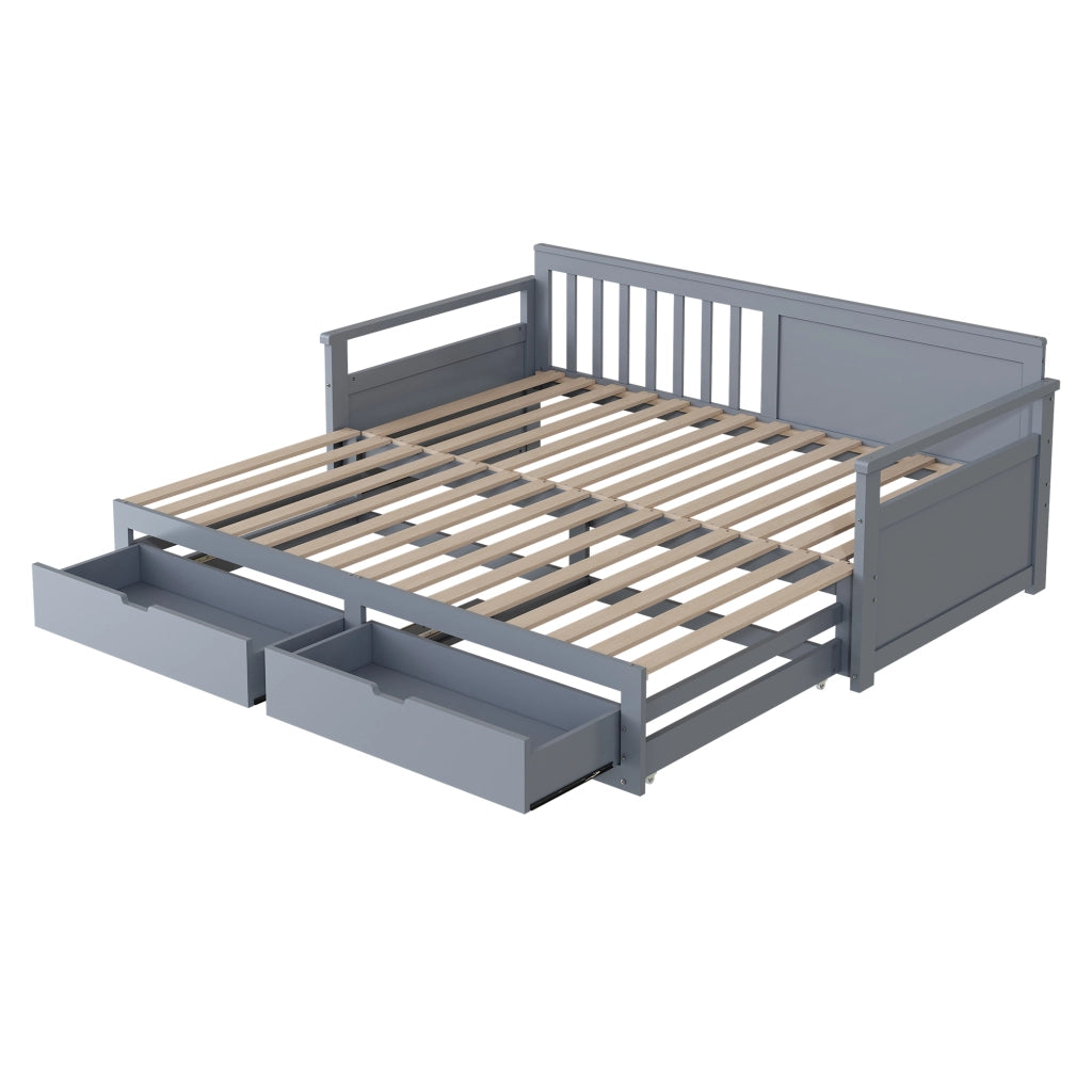 Letto estraibile singolo 90×190 cm e matrimoniale 180×190 cm con cassetti; senza materasso; legno; grigio