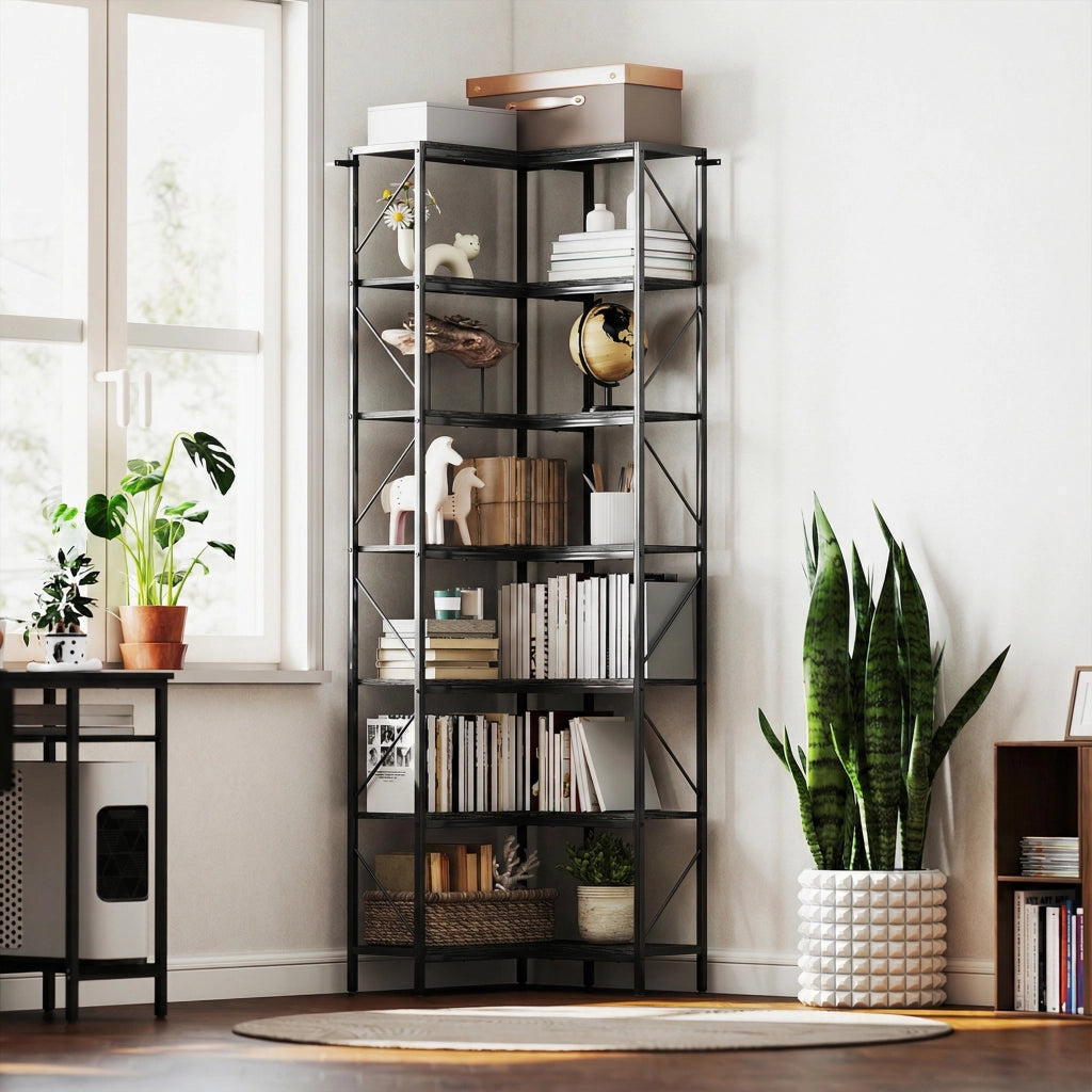 Libreria ad Angolo a 7 Ripiani, Scaffale Industriale, Effetto Legno Nero