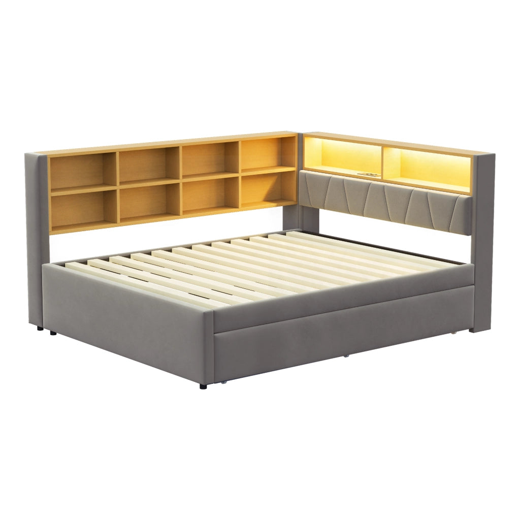 Letto estraibile matrimoniale 140×200 cm e 90×190 cm con LED; USB; Type-C e ripiani; senza materasso; flanella; grigio scuro