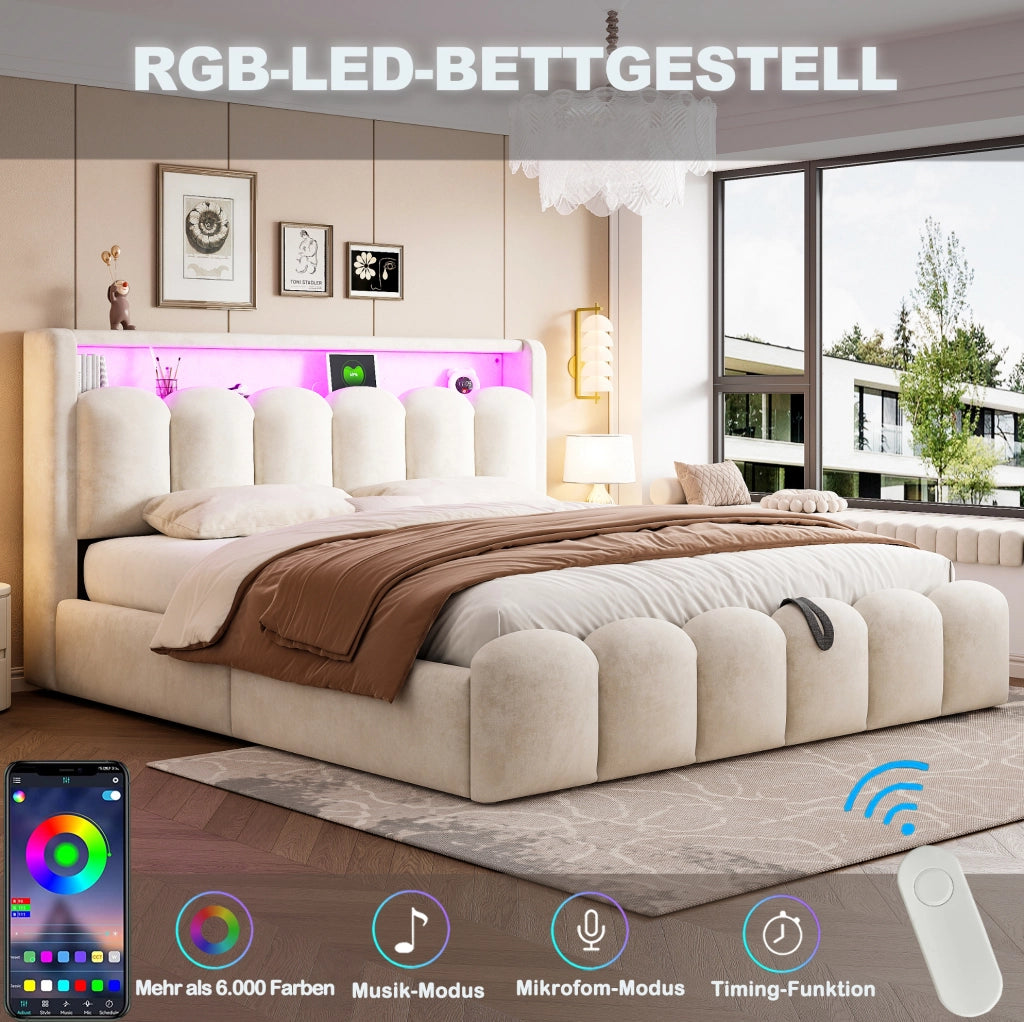 Letto matrimoniale imbottito 180x200 cm beige con LED e USB