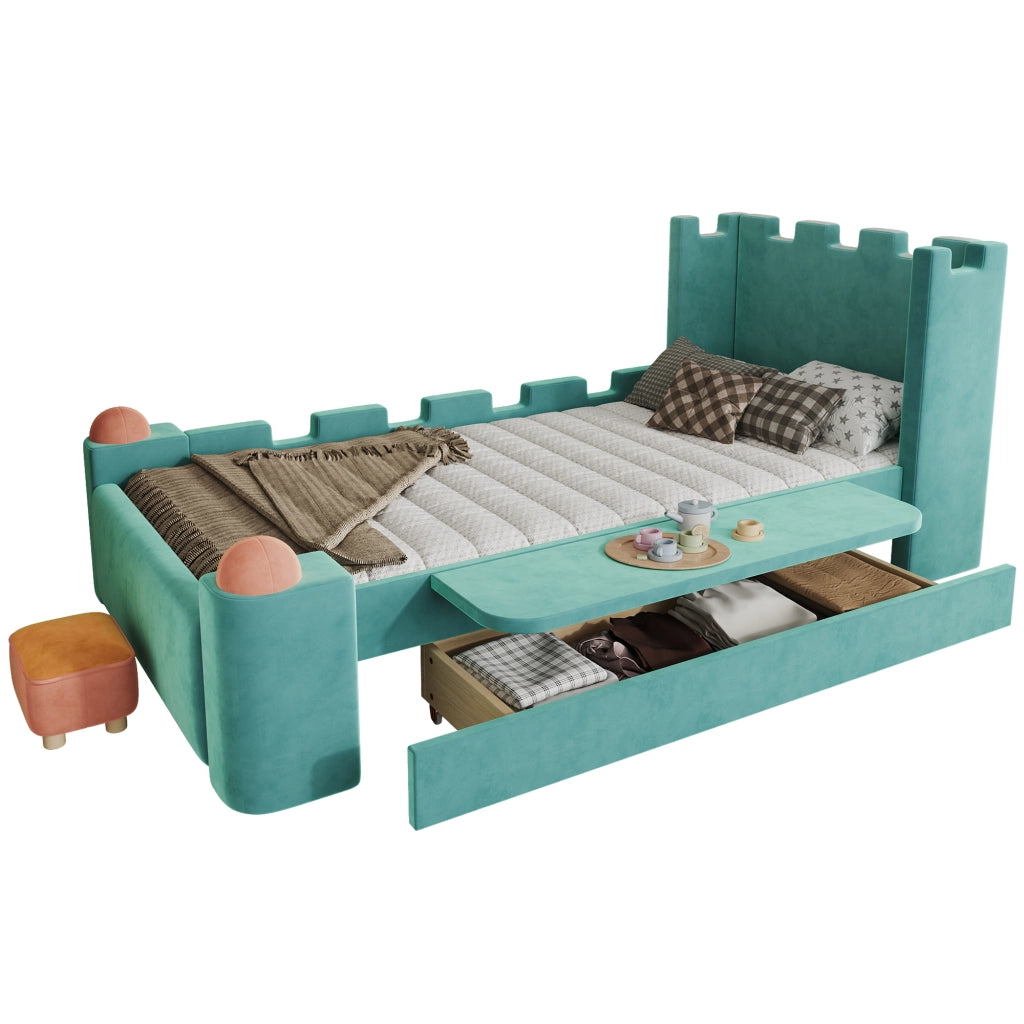 Letto singolo imbottito per bambini 90 × 200 cm con ripiano pieghevole cassetto contenitore velluto blu verde