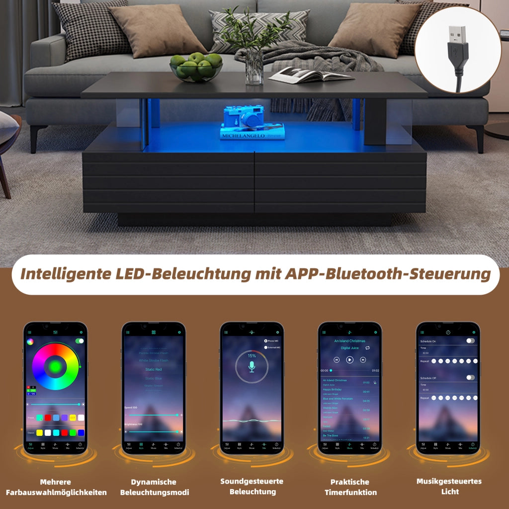 Tavolino da caffè LED 100x50x42 cm con 2 cassetti e ripiano aperto; controllo tramite app; acrilico nero
