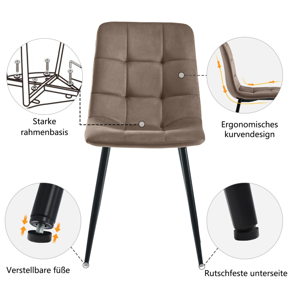 Set tavolo da pranzo rettangolare 117x68 cm con 4 sedie in velluto marrone