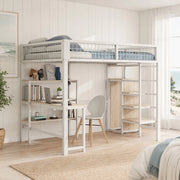 Letto a soppalco 140x200 cm per adulti con scrivania; ripiani e armadio integrato; metallo e MDF bianco
