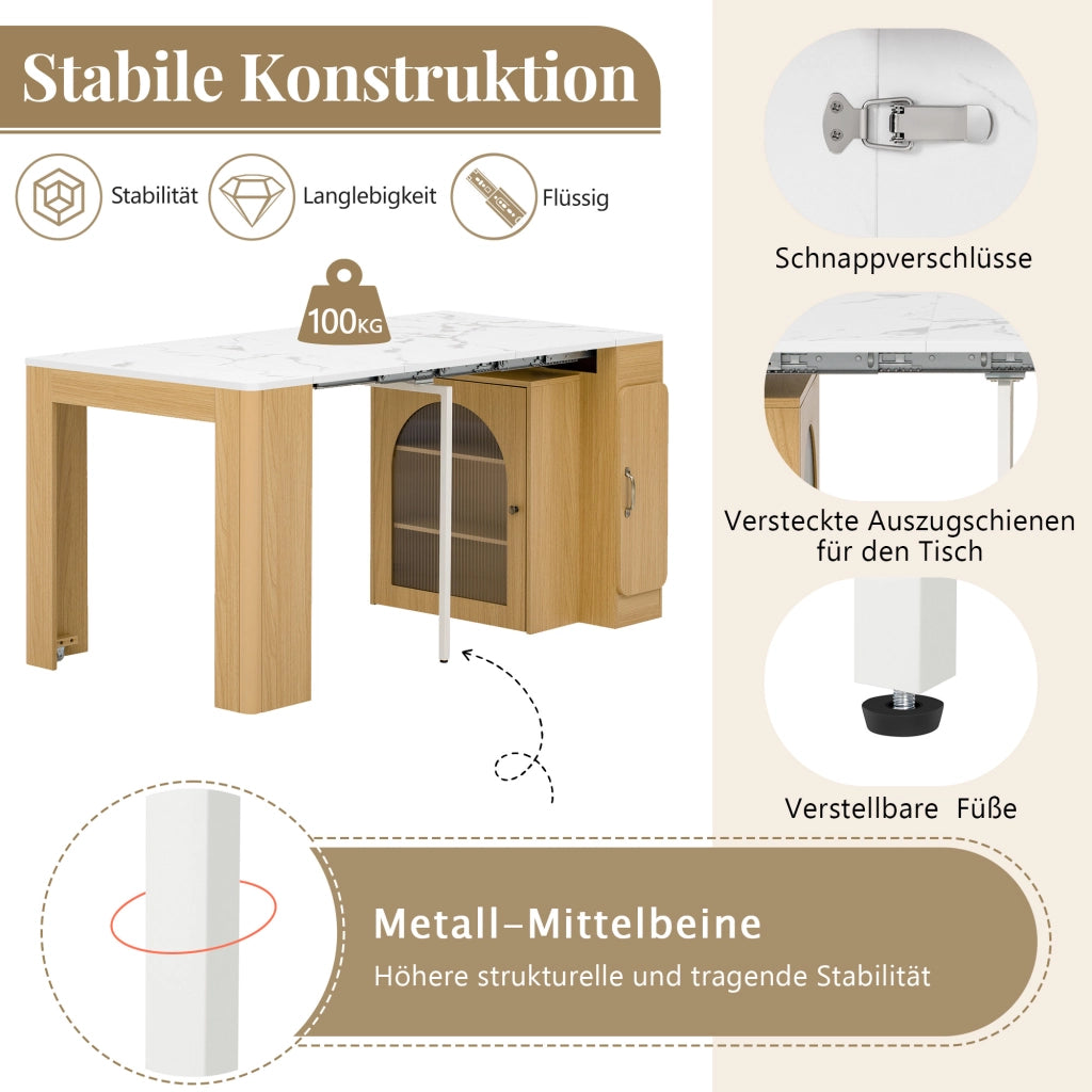 Tavolo allungabile con tre piani; LED e presa USB Type-C in MDF e vetro; naturale