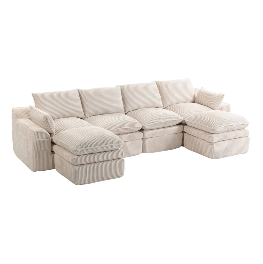 Divano modulare 4 posti in velluto a coste beige 335 cm con pouf e tasche laterali